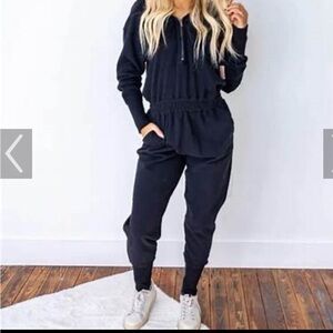 Black Women's Jogger Jumpsuit - Casual Pullover Romper